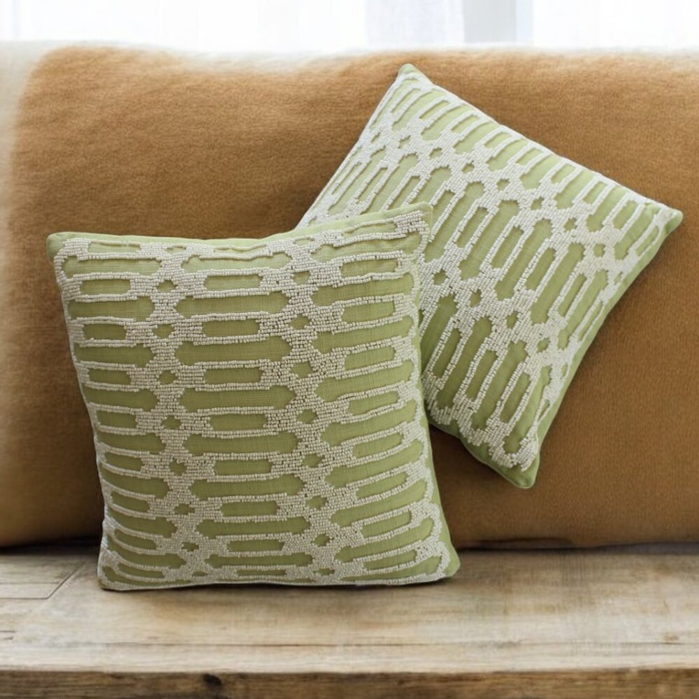 Pair of Pier 1 One Green Accent Pillow W White Glass Beads Geometric 12” Square